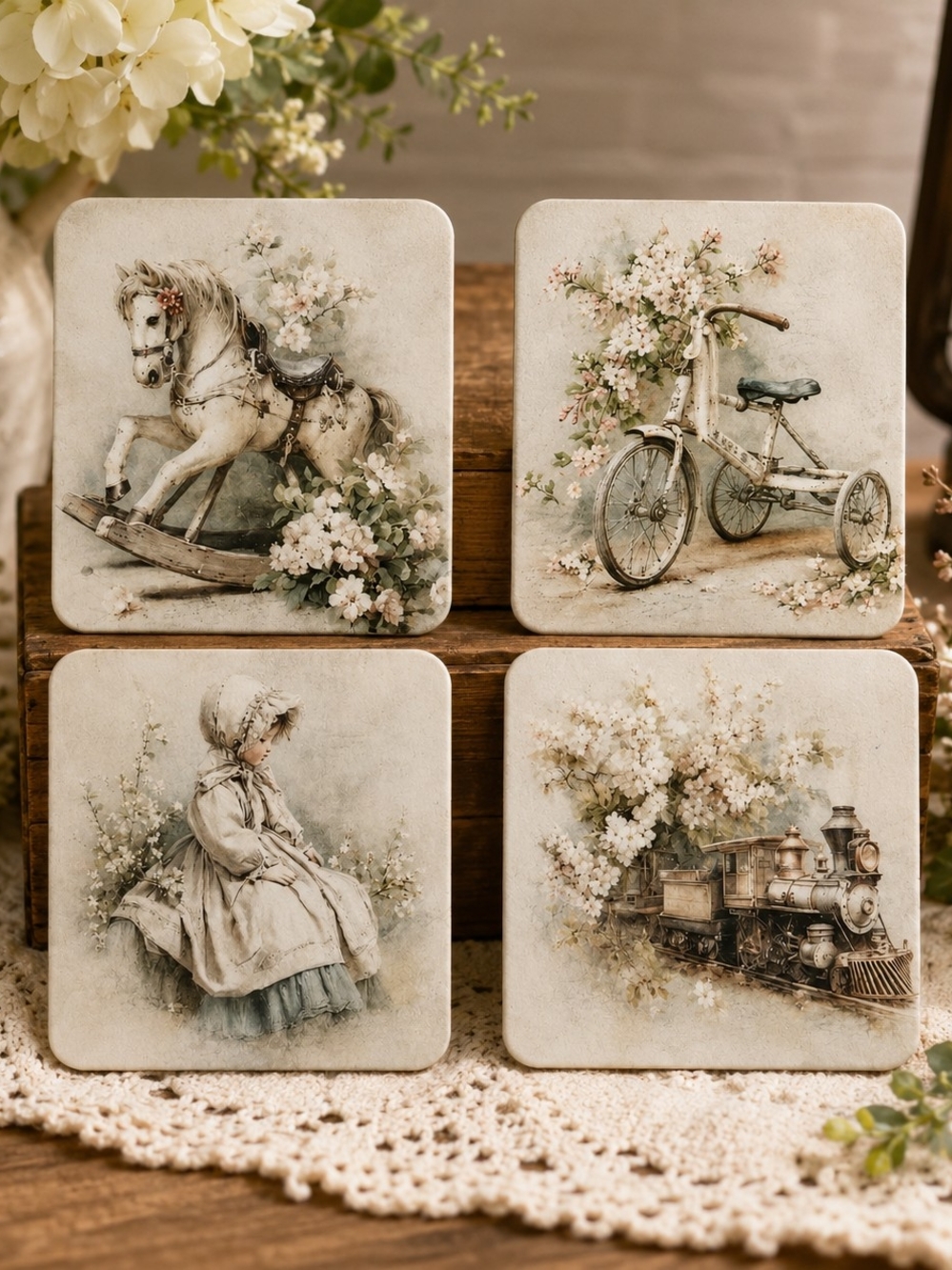 Hand Crafted Vintage Toy Coaster Set in Cream and Brown